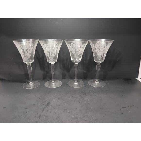 Morgantown Glass Water Goblets, Vtg Etched Chintz Clear Glass, Uranium Set of 4 - Picture 4 of 11